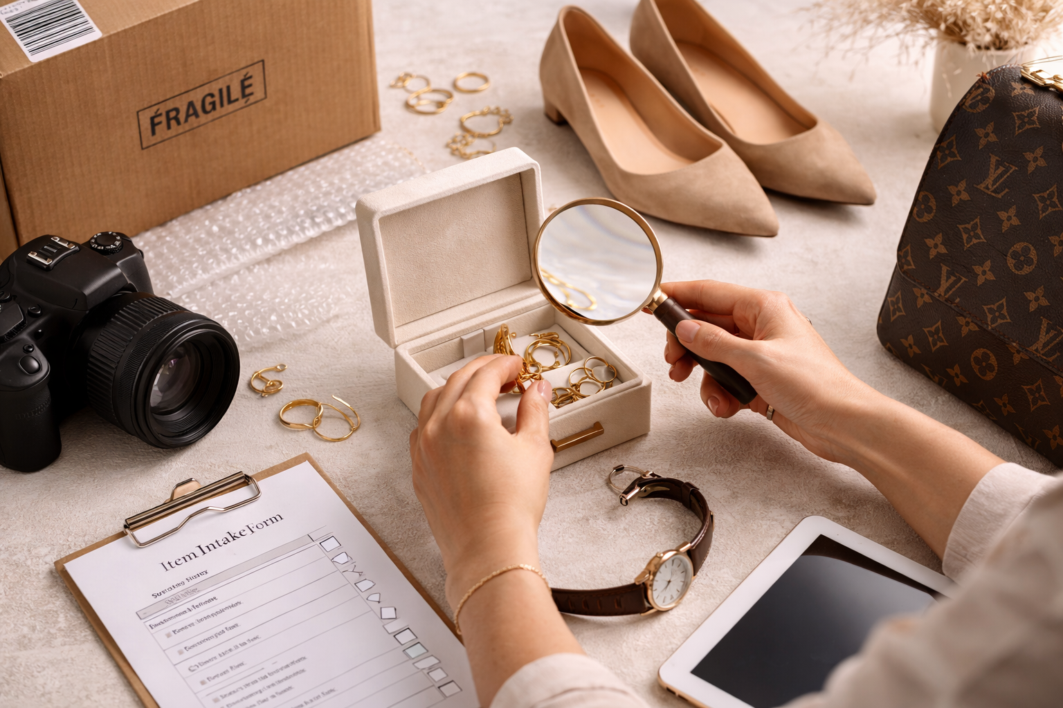 Luxury handbags, shoes, jewelry, and accessories representing the kinds of higher value items The Recycle Room accepts