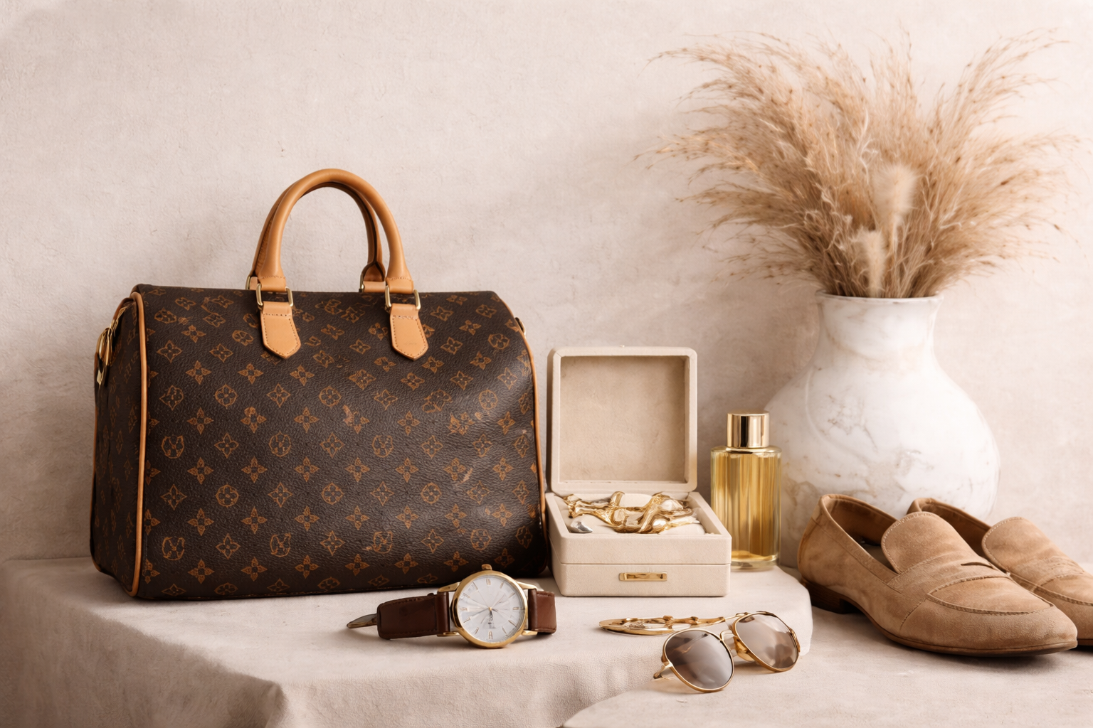 Luxury resale items including a designer handbag, jewelry, watch, sunglasses, shoes, and decorative vase