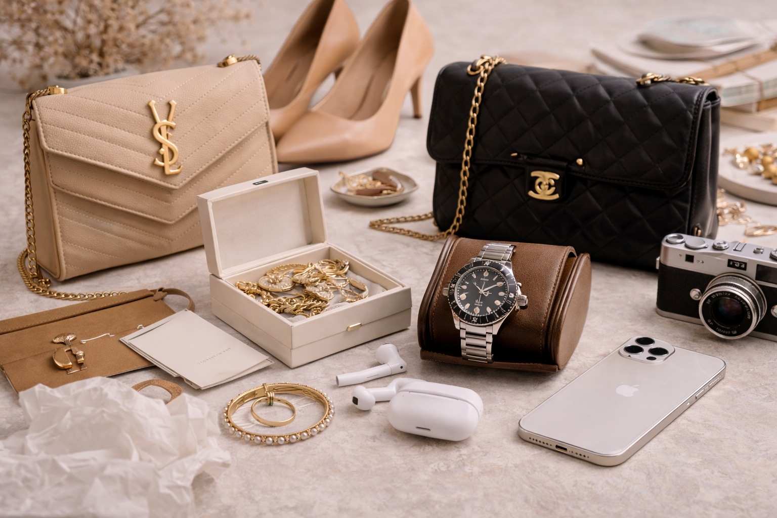 Curated collection of high value resale categories including handbags, jewelry, watches, fashion, and tech