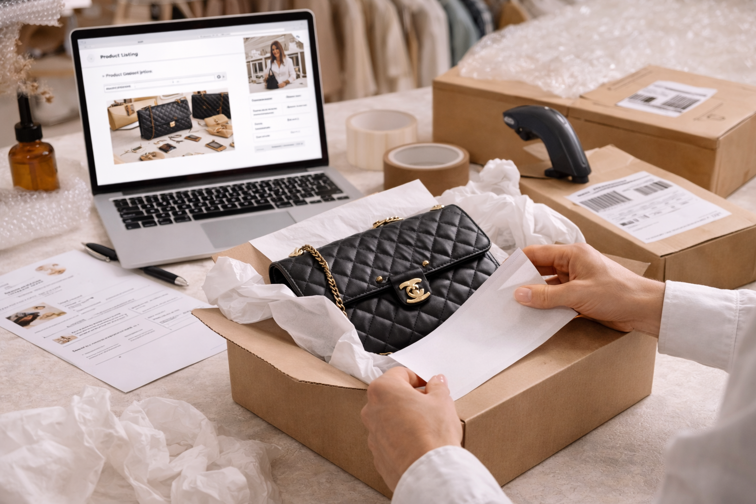 Resale workflow showing listing, packaging, and fulfillment for approved items