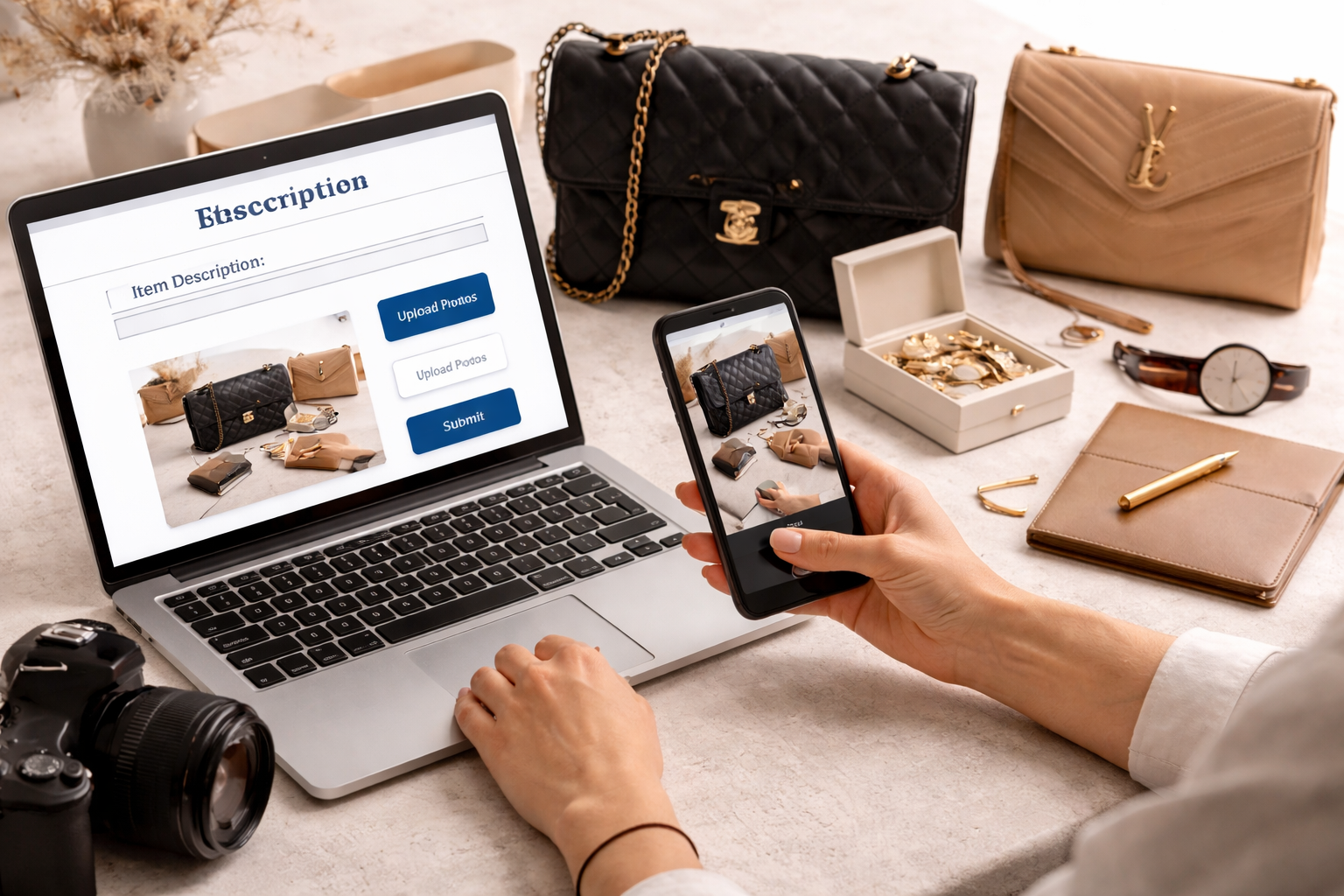 Easy item intake process showing a seller photographing and submitting luxury items for review